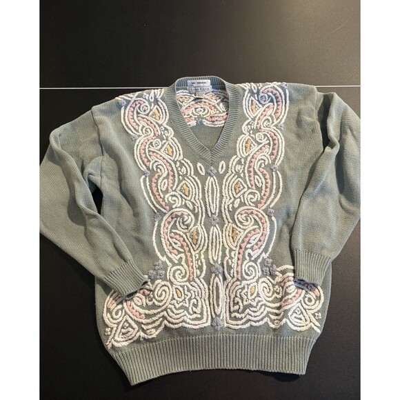 Vintage Izod Club Sweater Large 100% Cotton Hand Embroidered Sage Green Pastel - Picture 2 of 7